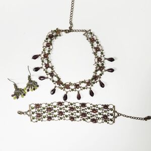 Lia Sophia Harlequin Necklace Antique Gold Tone Green Purple Choker. Jewelry set